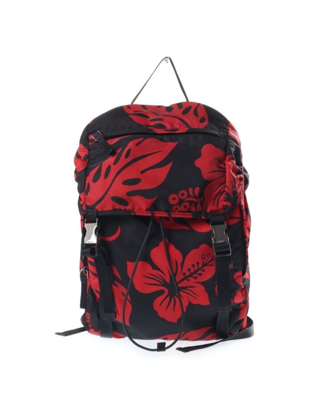 Prada All Over Print Nylon Backpack Black Red Silver